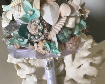 READY to SHIP BOUQUET Teal and Aqua Beach Bouquet, Seashell Bouquet, Bridal Bouquet