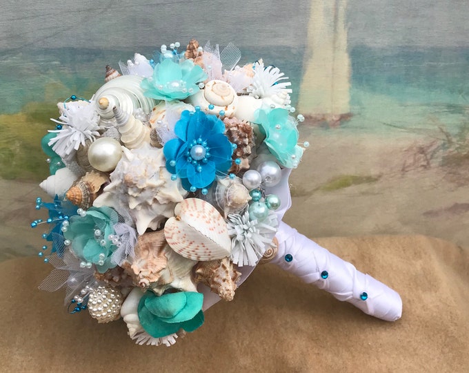 Blue, Teal and Aqua Beach Bouquet, Seashell Bouquet, Bridal Bouquet, Beach Bouquet, Tropical Bouquet, Destination ,Seaside , Made to Order