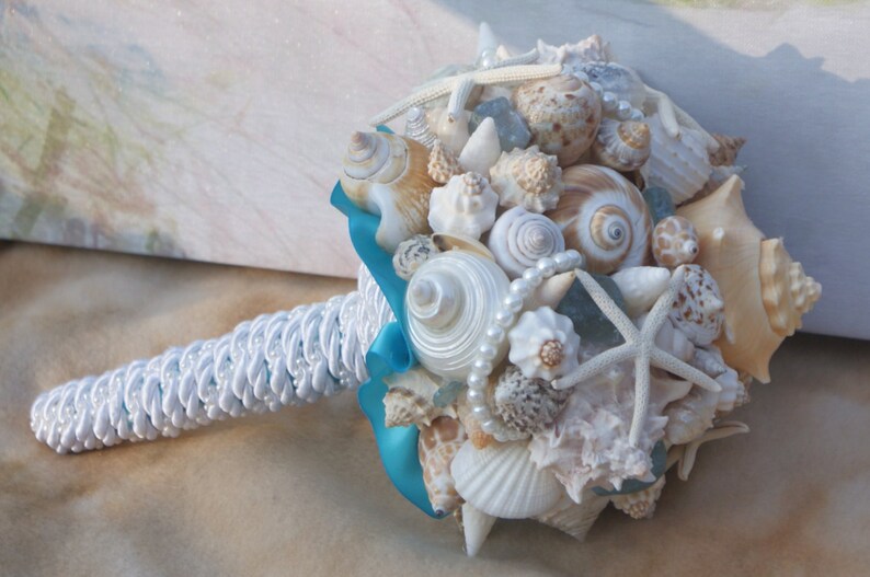 Seaside Bouquet Malibu Blue, Seaglass,Starfish and Seashell Bouquet image 5