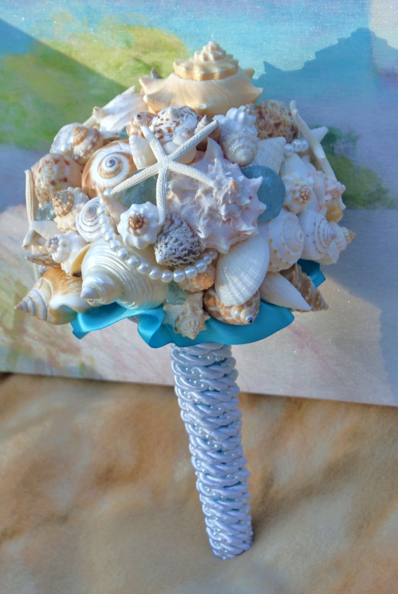 Seaside Bouquet Malibu Blue, Seaglass,Starfish and Seashell Bouquet image 4