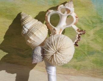 May include: A white seashell bouquet with a white satin ribbon. The bouquet features a variety of seashells, including a large, white, round seashell with a textured surface, a smaller, white seashell with a hole in the center, and a brown seashell with a spiral shape.