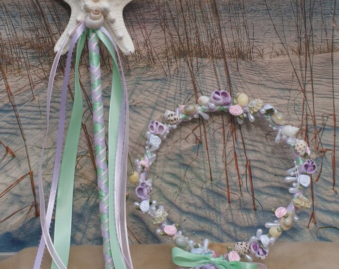 Pastel Mermaid Flower Girl Seashell Hair Crown and Starfish Wand Set