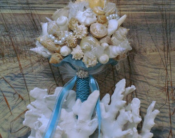 Seaside Bouquet  Malibu Blue, Pearl and Feather ,Starfish and Seashell Bouquet