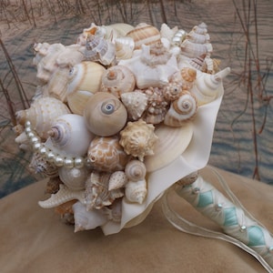 Aqua and Coral Bridal Bouquet/ Bridesmaid Seashell Bouquet / Beach Bouquet/ Seaside Bouquet/ Summer Bouquet/ Wedding Bouquet