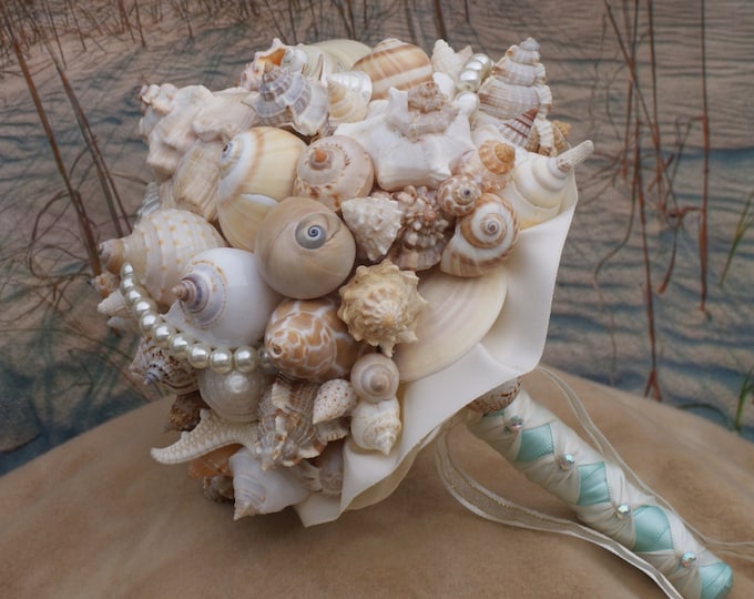 Aqua and Coral Bridal Bouquet/ Bridesmaid Seashell Bouquet / Beach Bouquet/ Seaside Bouquet/ Summer Bouquet/ Wedding Bouquet