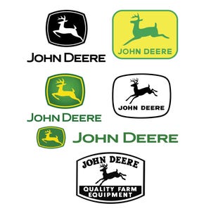 May include: Multiple John Deere logos in various designs. The logos feature a leaping deer silhouette in black or yellow, set against green or yellow backgrounds. Text includes "JOHN DEERE" and "QUALITY FARM EQUIPMENT".