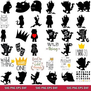 Pode incluir: Uma coleção de gráficos de silhueta preta com monstros, coroas e texto. O texto inclui frases como "Wild One", "Wild Thing" e "Let's Make Mischief". Adequado para vários projetos de artesanato.