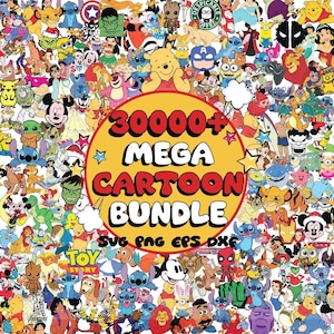 Puede incluir: Una imagen vibrante con una multitud de personajes de dibujos animados de varias series y películas animadas. El foco central es un gráfico circular grande con el texto "30000+ MEGA CARTOON BUNDLE" en letras rojas en negrita. La imagen también incluye el texto "SVG PNG EPS DXE".