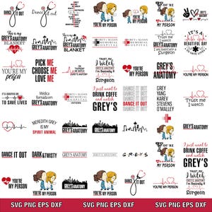 Può includere: Una raccolta di file SVG, PNG, EPS e DXF con citazioni e illustrazioni relative alla serie TV Grey's Anatomy. I design includono stetoscopi, cuori e riferimenti ai personaggi.