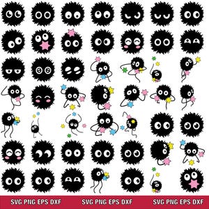Może przedstawiać: Kolekcja czarnych, okrągłych, kreskówkowych stworzeń z różnymi wyrazami oczu i pozami, niektóre trzymają kolorowe gwiazdy. Obraz zawiera tekst "SVG PNG EPS DXF" na dole.