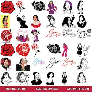Puede incluir: Una colección de gráficos vectoriales con imágenes de Selena, rosas y texto. Los diseños incluyen retratos, siluetas y la firma de la cantante. La paleta de colores incluye rojo, negro y varias tonalidades.