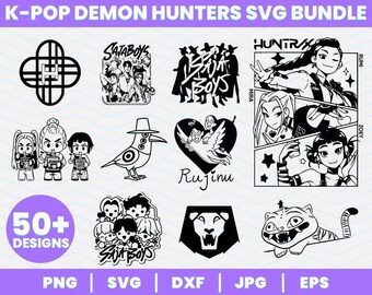 Paquete SVG digital de cazadores de demonios de K-pop, SVG de cazador de demonios, Cena de chicas, Gato y pájaro PNG (Huntrx, Rumi, Mira, Zoey, Saja Boys, Jinwoo, Tiger)