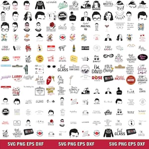 Puede incluir: Una colección de diseños gráficos en blanco y negro con personajes, citas y símbolos. Incluye texto como "Ew, David!", "Rose Apothecary" y "Eat Glass". Los diseños están en formatos SVG, PNG, EPS y DXF.
