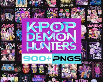 Paquete de más de 900 SVG PNG de cazadores de demonios de KPOP, arte de fans de KPop, imágenes prediseñadas de estilo anime para silueta de Cricut, gato y pájaro PNG, Mira, Rumi, Joey, Baby