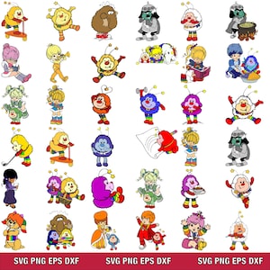 Puede incluir: Una colección de personajes de dibujos animados coloridos en varias poses. Los personajes incluyen criaturas parecidas a insectos con antenas y estrellas, y niños con diferentes atuendos. La parte inferior de la imagen tiene el texto "SVG PNG EPS DXF" en un rectángulo rojo.