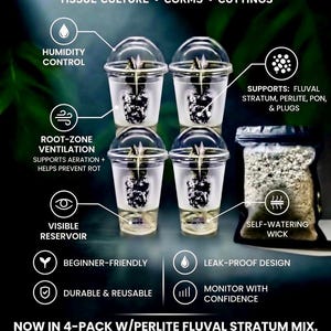 May include: VlvtLEAF BOMBER DOME self-watering acclimation system for tissue culture, corms, and cuttings. Includes four clear plastic cups with domed lids, a visible reservoir, root-zone ventilation, and a self-watering wick with perlite fluval stratum mix.