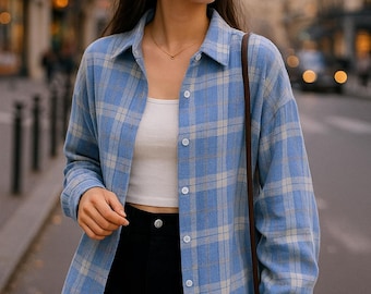 Koszula damska w kratę zapinana na guziki • Luźny krój, bluzka w kratę z długim rękawem • Luźny, jesienny top w stylu vintage