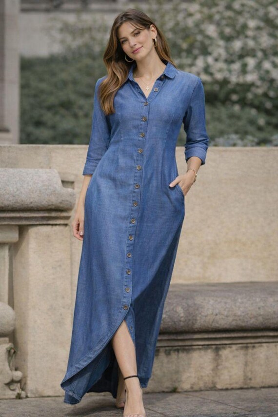 denim maxi shirt dress in Indigo this Long Women's Long Sleeve Denim Maxi