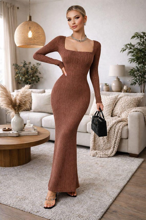 Square Neck Knitted Midi Dress for Women Slim Fit Long Sleeve Retro Wrap Style Fall Dress