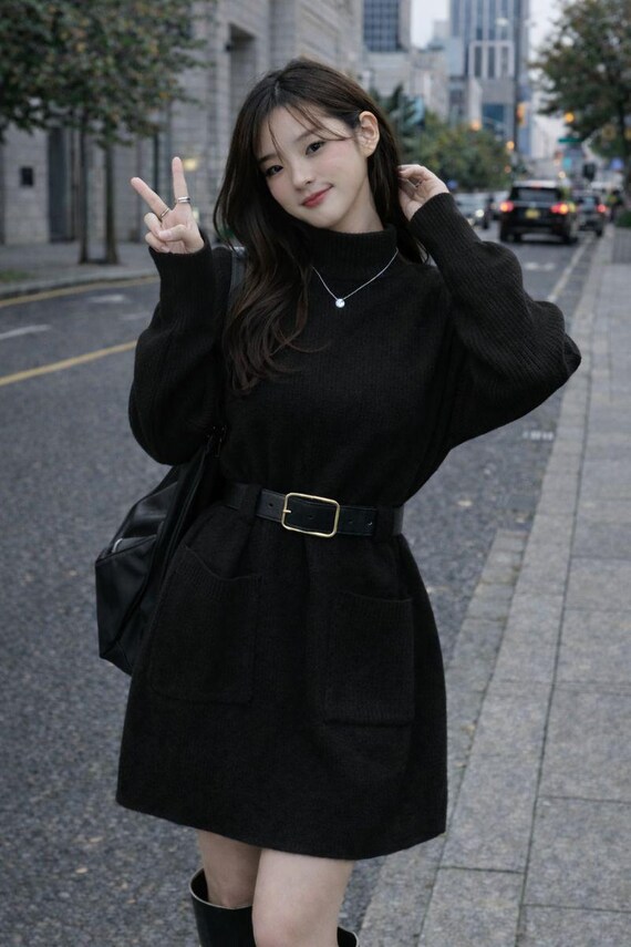 black knit dress with pockets Striped Knit Sweater Dress: Long Sleeve Mini Dress with Pockets