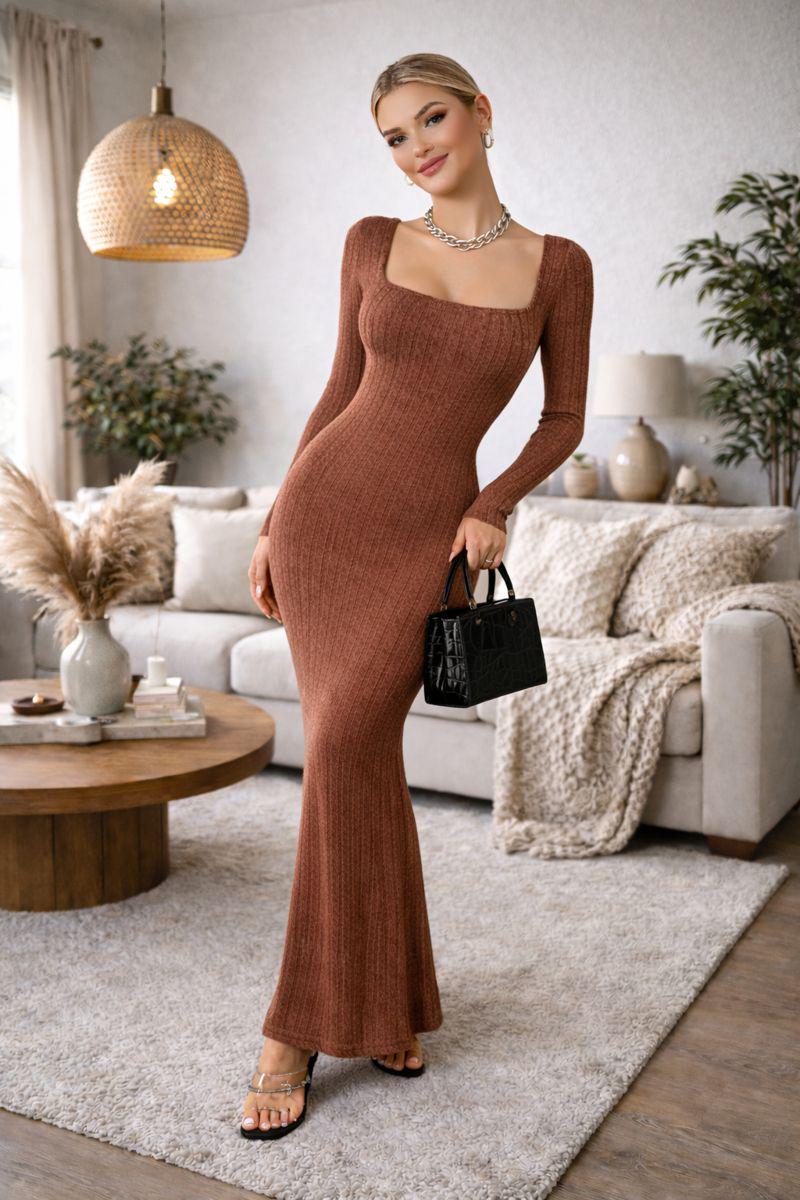 Square Neck Knitted Midi Dress for Women Slim Fit Long Sleeve Retro Wrap Style Fall Dress Square Neck Knitted Midi Dress for Women Slim Fit Long Sleeve Retro Wrap Style Fall Dress