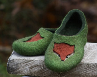 Felted slippers for women - Green slippers for a fox lover