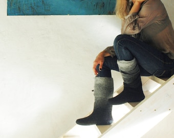 Felted Ombre boots - black grey shades - warm and comfortable boots for winter