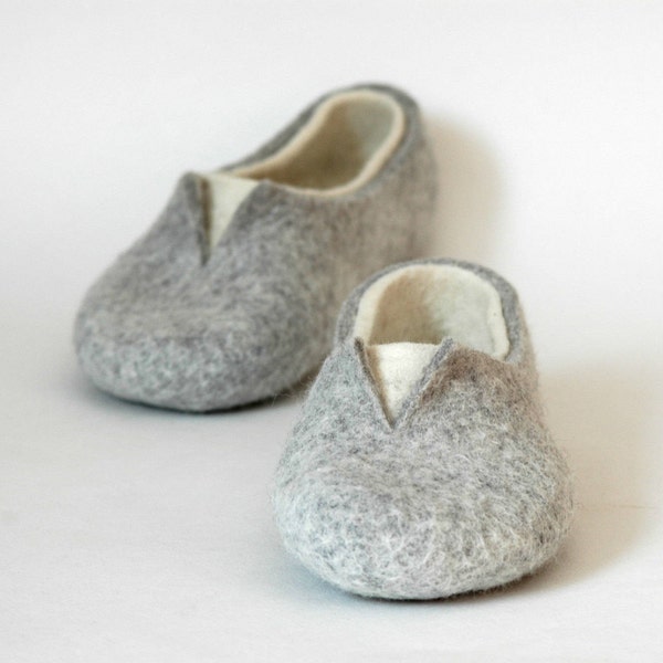 Felted slippers for women - lovely natural womens house shoes in colors of white and grey