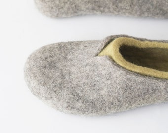 Handmade Felted Slippers for Women – Cozy Olive Green & Grey House Shoes in Natural Wool