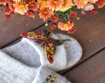 Felted slippers for women slip in slippers with colorful butterflies