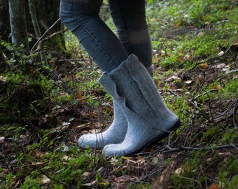 Grey felted boots for autumn and winter - boiled wool shoes - perfect snow boots