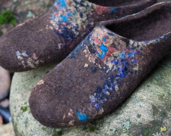Felt unisex slippers felted from natural sheep wool decorated with unique felting technique