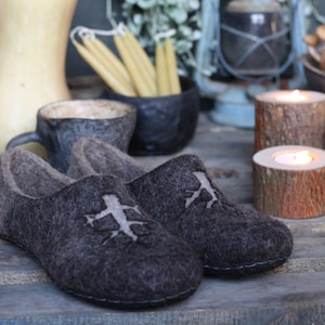 Felted Slippers for Women – Dark Brown Wool Clogs with Tree Pattern – Handmade Felted House Shoes