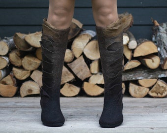 Felted boots Valenki for women from organic wool in black and brown shades - perfect snow boots