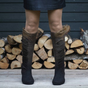 Felted boots Valenki for women from organic wool in black and brown shades - perfect snow boots