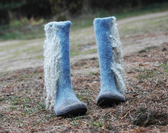 Felted Boots Denim for women made from natural boiled wool - felt winter boots - handmade in Europe