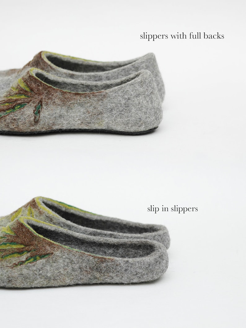 May include: Two pairs of gray felt slippers with a green and brown floral design. The top pair has a back, while the bottom pair is a slip-on style.