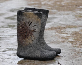 Felted boots for women in grey and brown shades, natural organic design