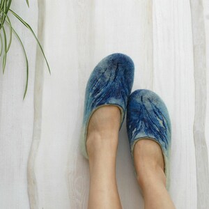 Hand Felted Slippers for women Navy Blue Mint Pure wool barefoot shoes image 2