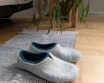 Handmade Felted Slippers for Women – Cozy Teal Green & Grey House Shoes in Natural Wool