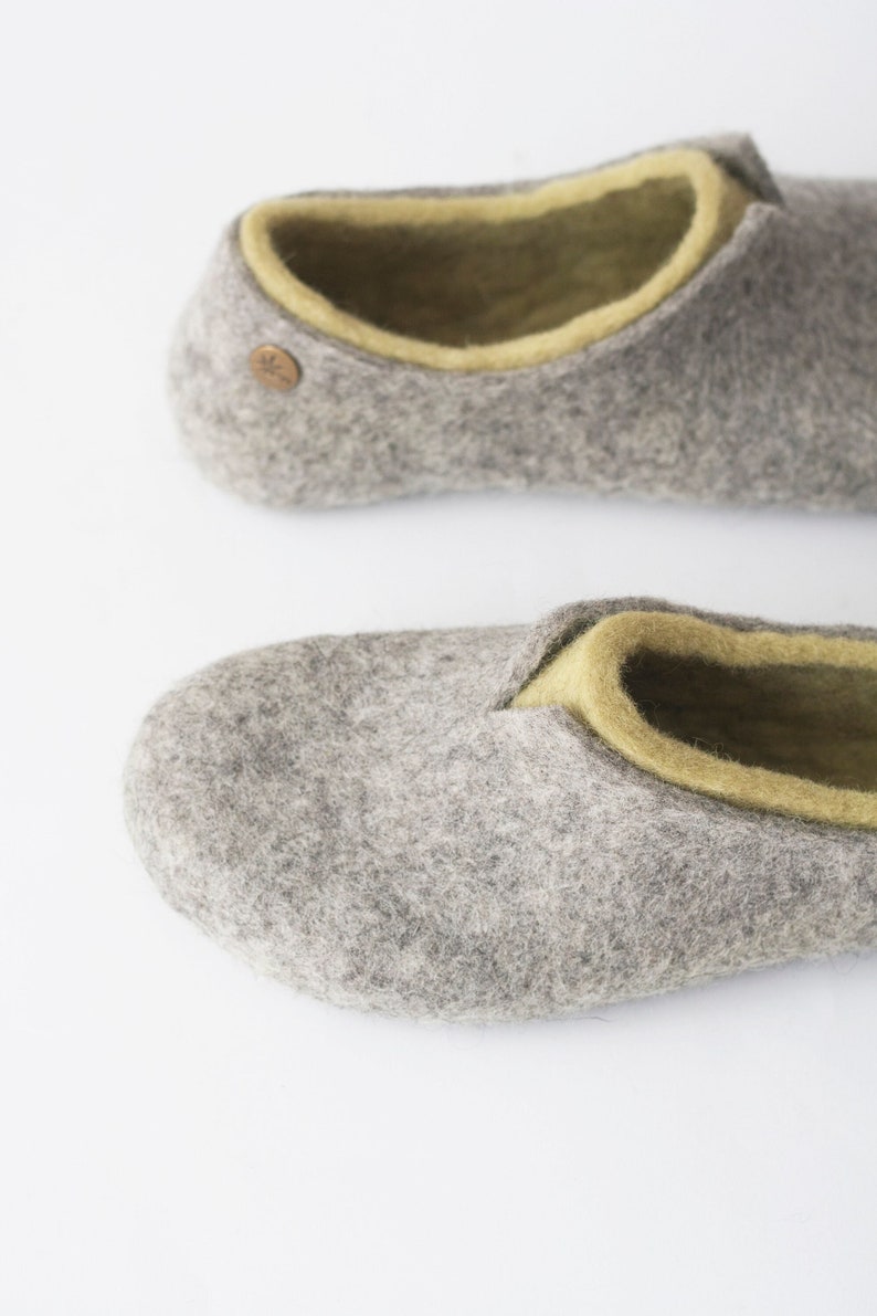 Felted slippers for women lovely natural women's house shoes in colors of olive green and grey image 1