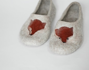 Felt slippers indoor shoes, Fox lover slides, Boho new home gifts, Felted beige mules, Christmas gift