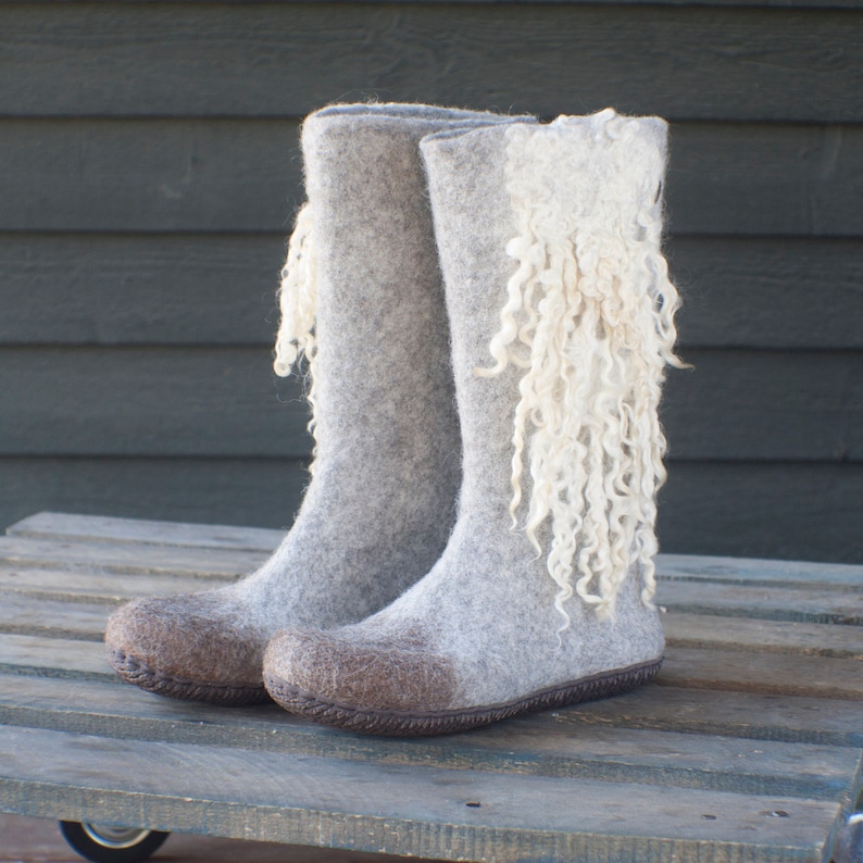 Felted Boots Valenki from organic wool felted with natural sheep locks, grey and white colors image 4