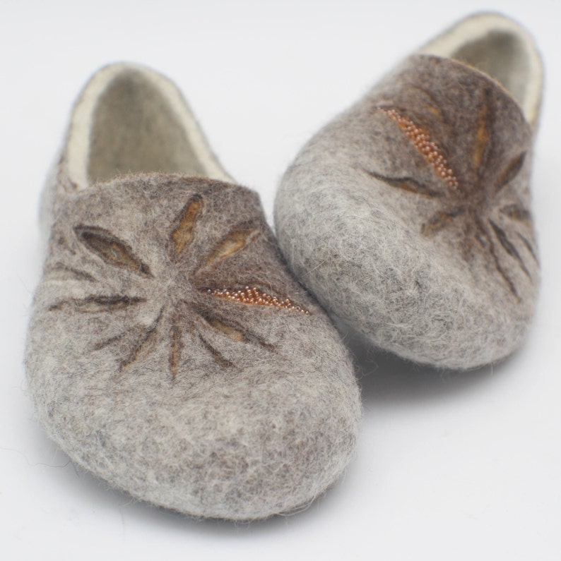 Felted slippers for women in milk white grey and little bit of tan