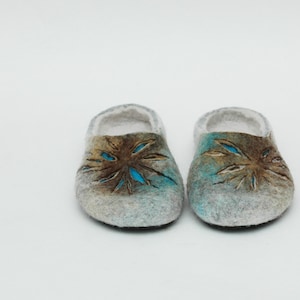 Felted slippers Woman home shoes Grey Brown Beige Tan Turquoise Aqua Traditional felt Sun slippers Handmade Women shoes image 1