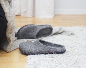 Felted slippers - Multilayer sole - Slip in slippers - Woman home shoes - Grey shoes - Natural wool slippers - Valenki - Woolen clogs