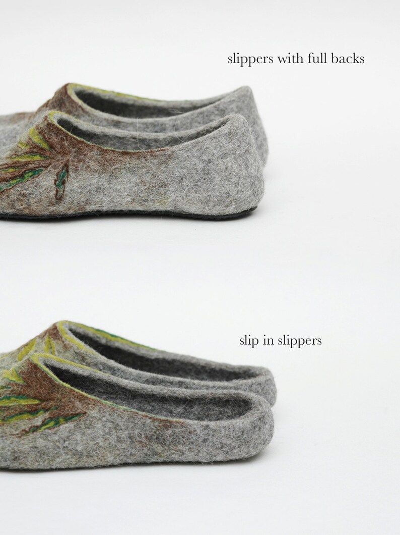 May include: Two pairs of gray felt slippers with a green and brown floral design. The top pair has a full back, while the bottom pair is a slip-on style.