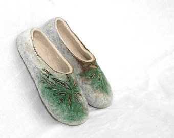 Felted slippers for women in natural grey, white, brown and green