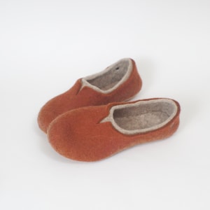 Felted slippers for women - boiled wool home shoes with latex soles - Burned orange color