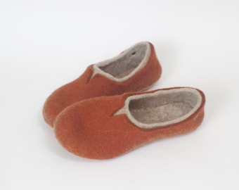 Felted slippers for women - boiled wool home shoes with rubber soles - Burned orange color